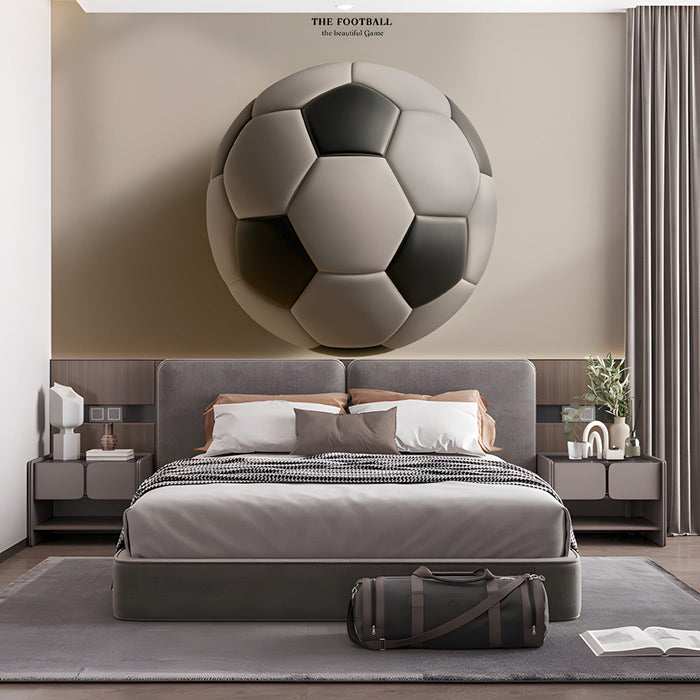Football wall mural installed in a modern bedroom with simple wooden furniture