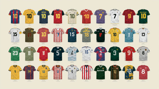A graphic pattern featuring a repeating grid of diverse vintage football jerseys with various numbers.