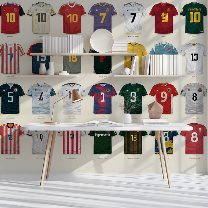 Study space decorated with a colorful football jersey wallpaper.
