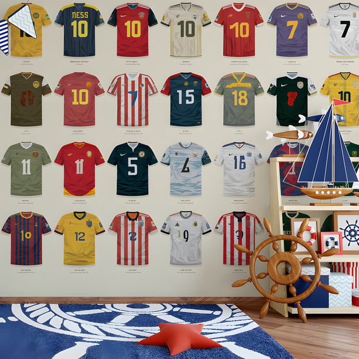 Football jersey mural installed in a modern playroom with a minimalist desk.