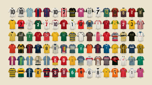 A colorful grid pattern of vintage football jerseys in various colors on an off-white background