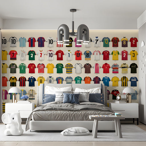 A game room featuring a vintage football jersey mural wallpaper behind a foosball table