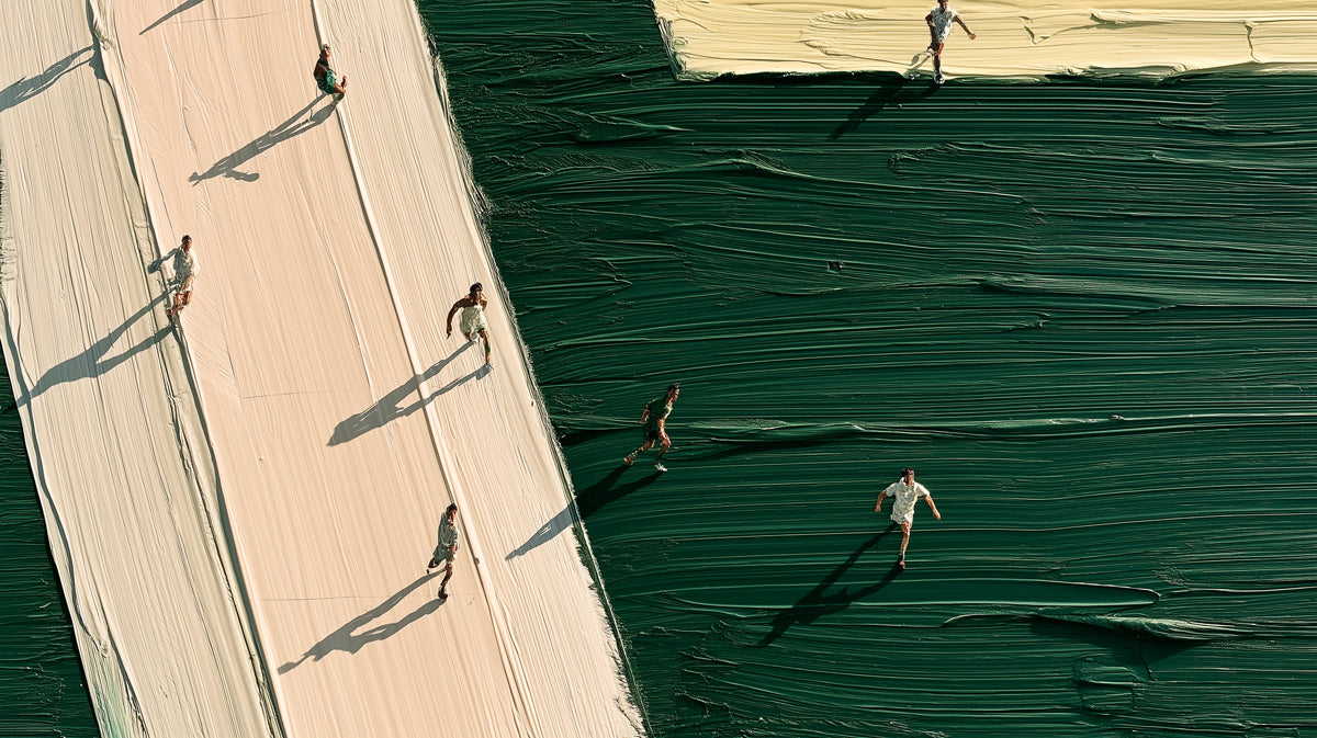 Abstract painterly wallpaper with runners on an ivory track set against thick, deep forest green oil paint textures.