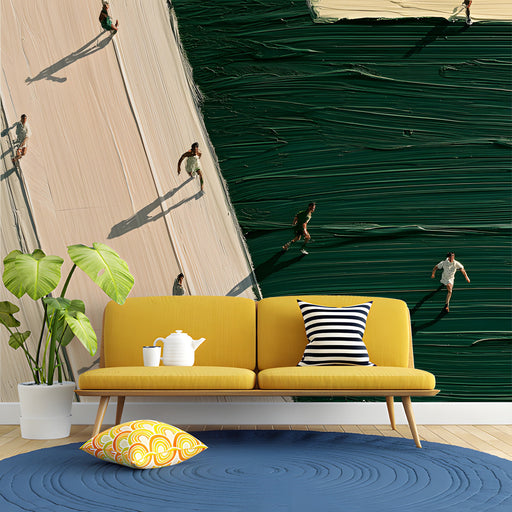 A sophisticated entryway waiting area with a dramatic abstract athletic wallpaper mural.