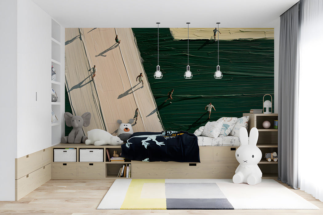 Modern bedroom with an athletic track mural wallpaper, minimalist desk setup, and warm lighting.