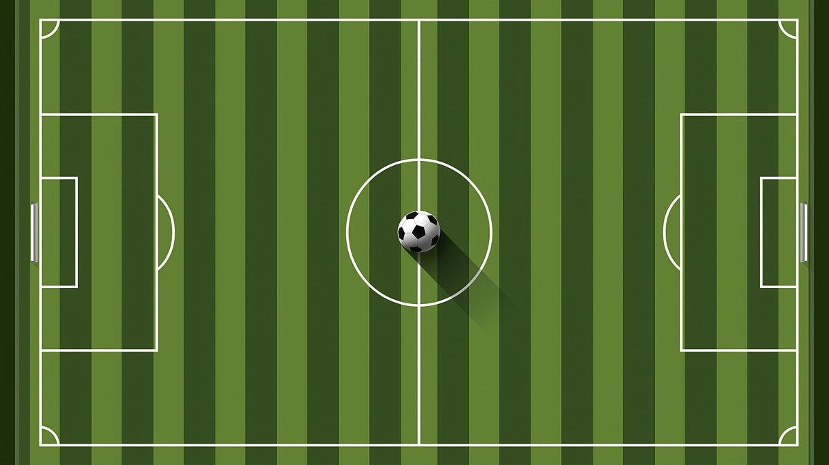 Graphic illustration of a soccer pitch with alternating green stripes and a central ball