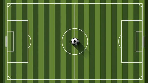 Graphic illustration of a soccer pitch with alternating green stripes and a central ball