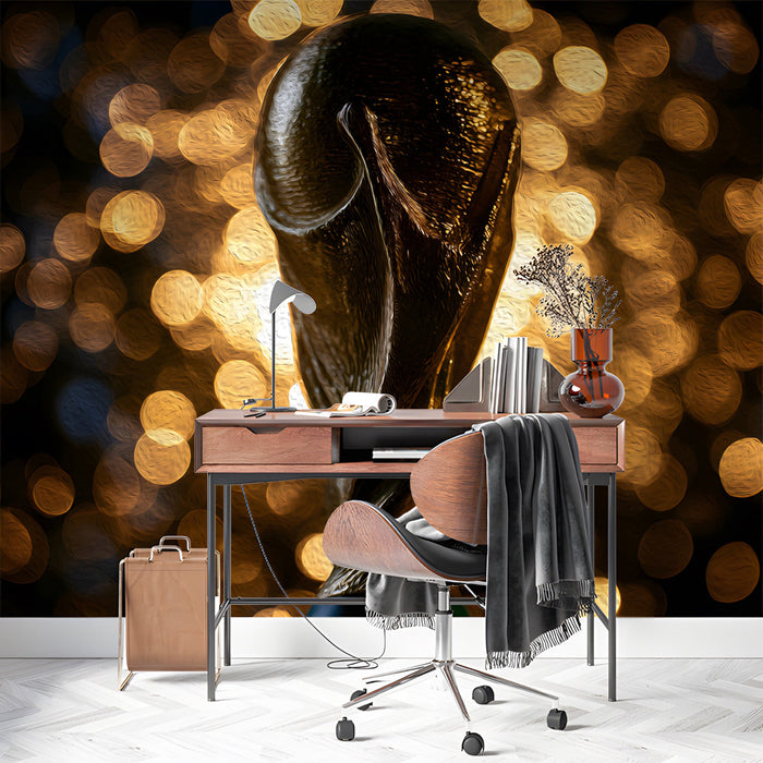 Study room featuring a dark golden trophy accent wall