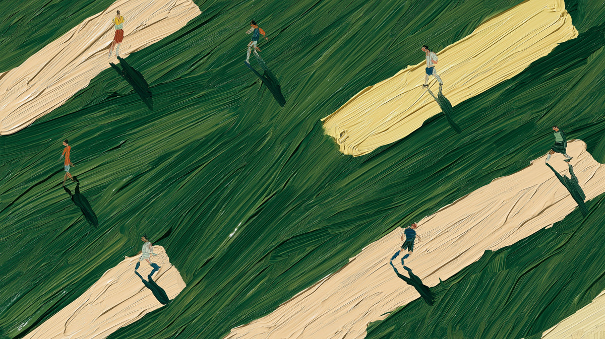 Abstract oil painting style wallpaper with tiny people on green and yellow brushstrokes