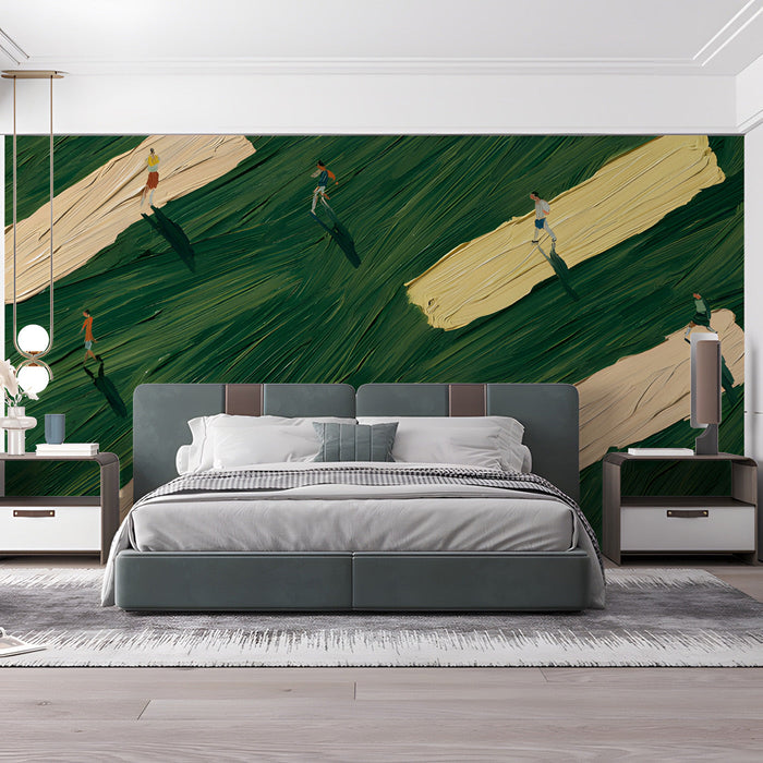 Creative bedroom wall with artistic green and ochre abstract wallpaper