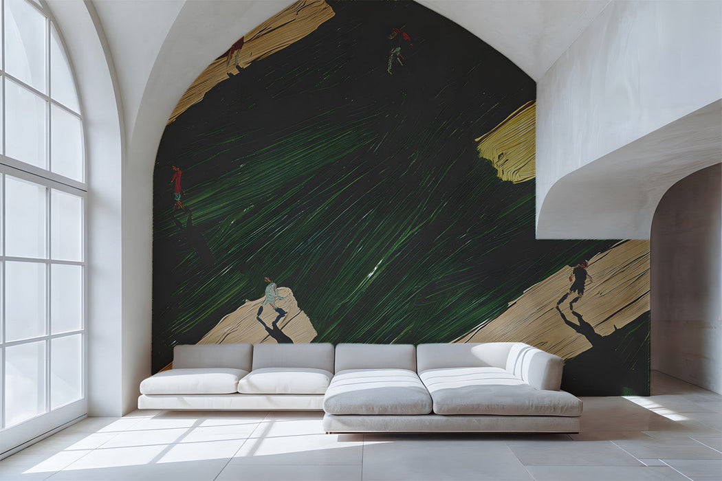 Modern hallway wall with textured artistic mural featuring abstract figures