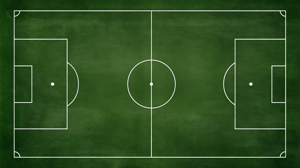 Soccer field pitch design with crisp white markings on a textured deep forest green background