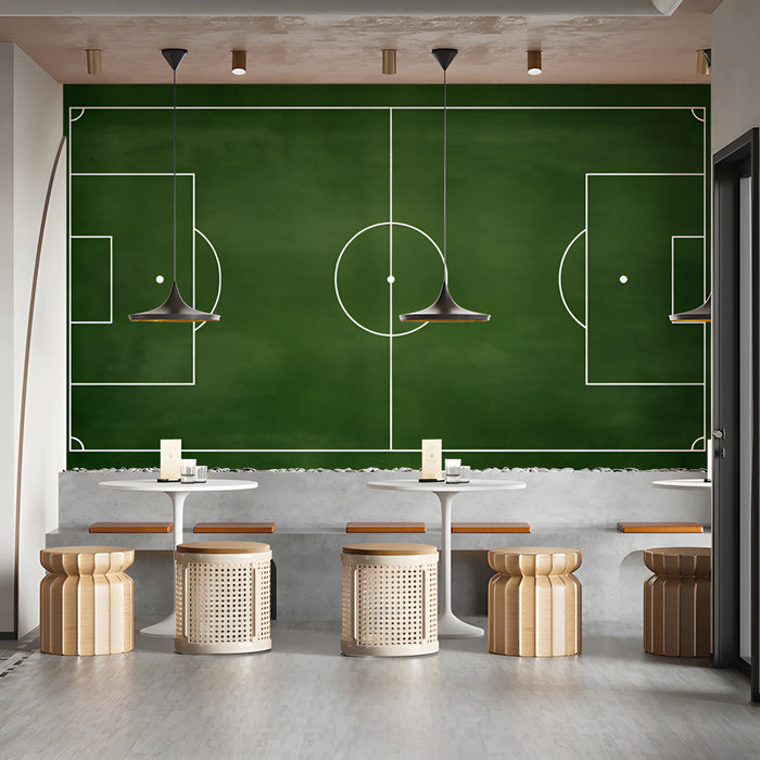 Bar with a soccer field pitch wallpaper behind a flat screen television