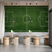 Bar with a soccer field pitch wallpaper behind a flat screen television