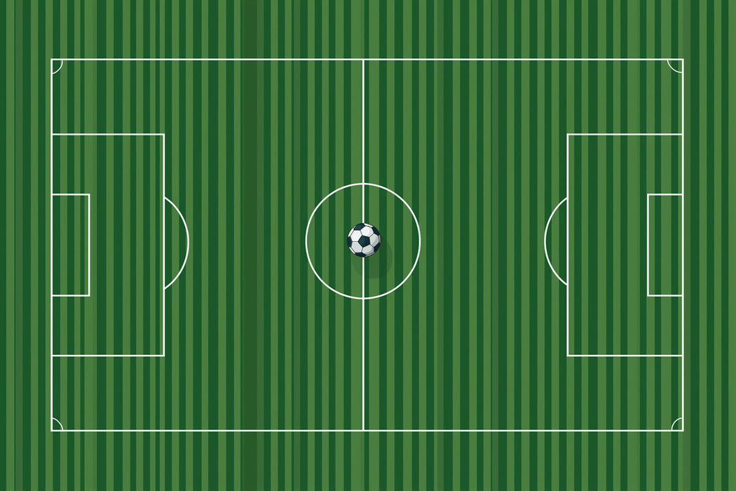 Soccer field wallpaper pattern with grass green stripes and a ball