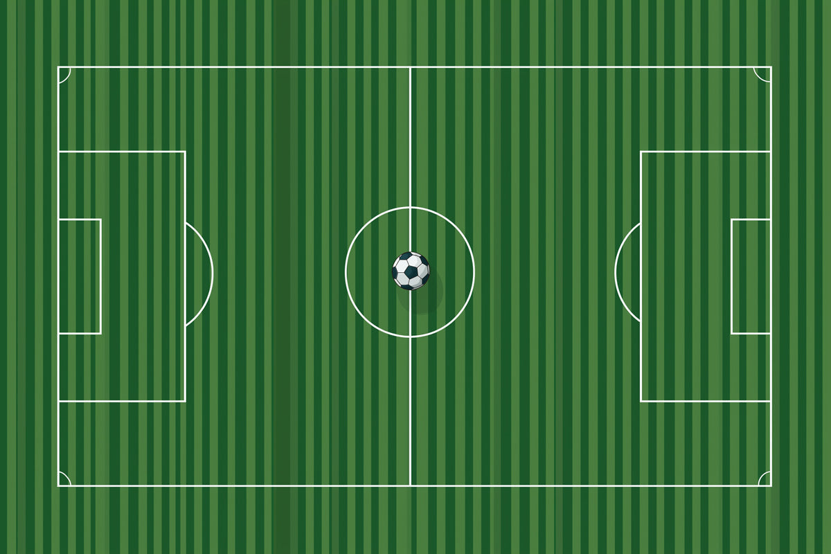 Soccer field wallpaper pattern with grass green stripes and a ball