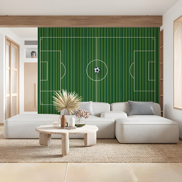Soccer themed bedroom with a green pitch wall mural