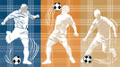 Soccer player silhouettes in action poses over a blue, orange, and tan plaid grid background.