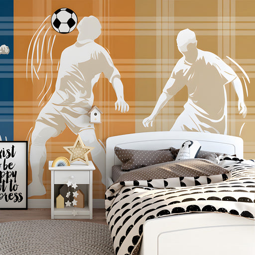 A vibrant soccer-themed bedroom featuring a dynamic sports mural on the main feature wall.