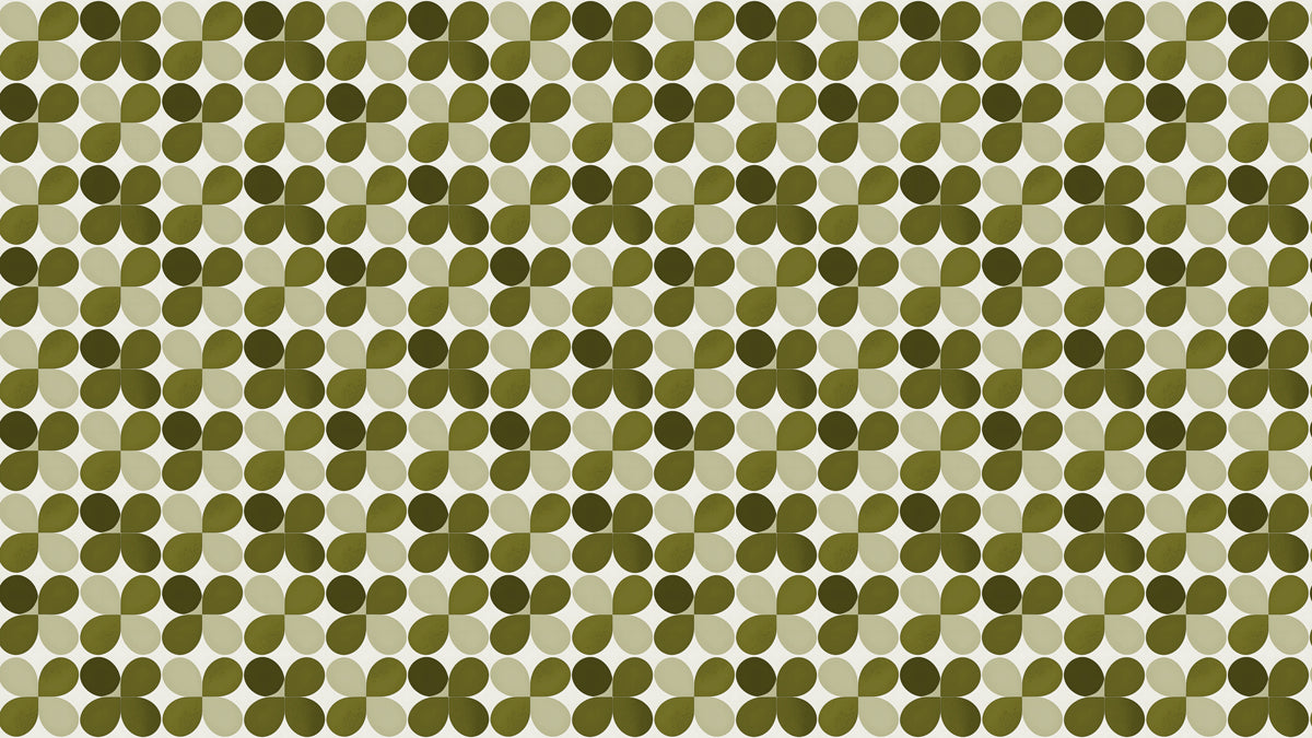 A repeating geometric pattern of clover shapes in olive, dark green, and cream on an off-white background.