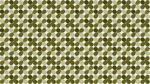 A repeating geometric pattern of clover shapes in olive, dark green, and cream on an off-white background.