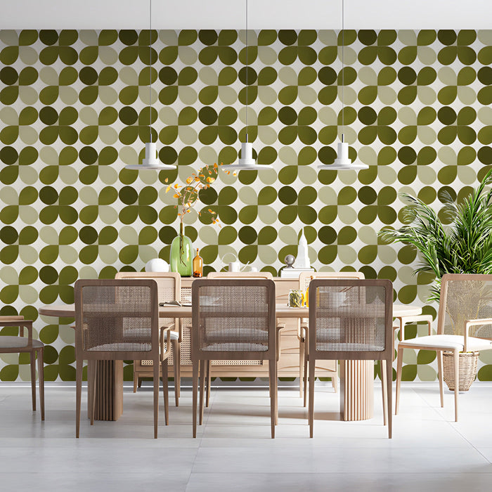 A stylish dining area decorated with the retro clover mural wallpaper paired with warm walnut furniture.