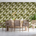 A stylish dining area decorated with the retro clover mural wallpaper paired with warm walnut furniture.