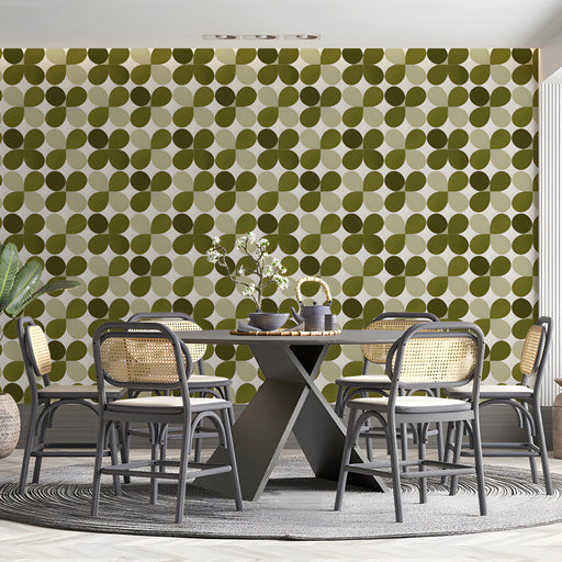A cozy mid-century modern dining room featuring the olive clover pattern as a focal feature wall.