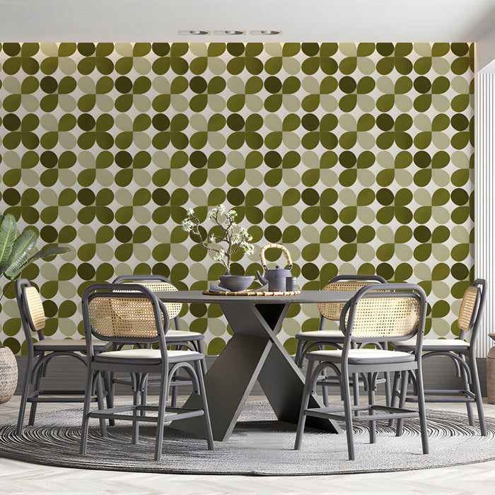 A cozy mid-century modern dining room featuring the olive clover pattern as a focal feature wall.