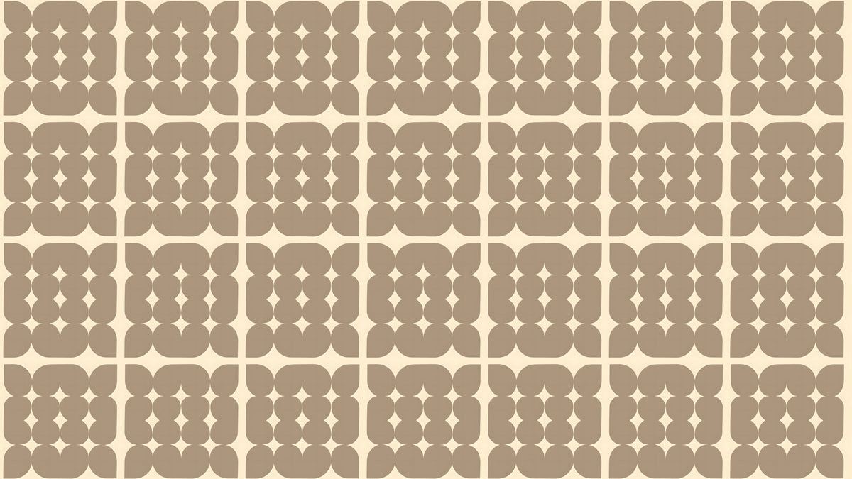 A geometric wallpaper pattern featuring taupe petal shapes in a repeating grid on a warm cream background.