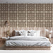 Bedroom featuring a soft taupe and cream geometric wallpaper for a clean modern welcome.