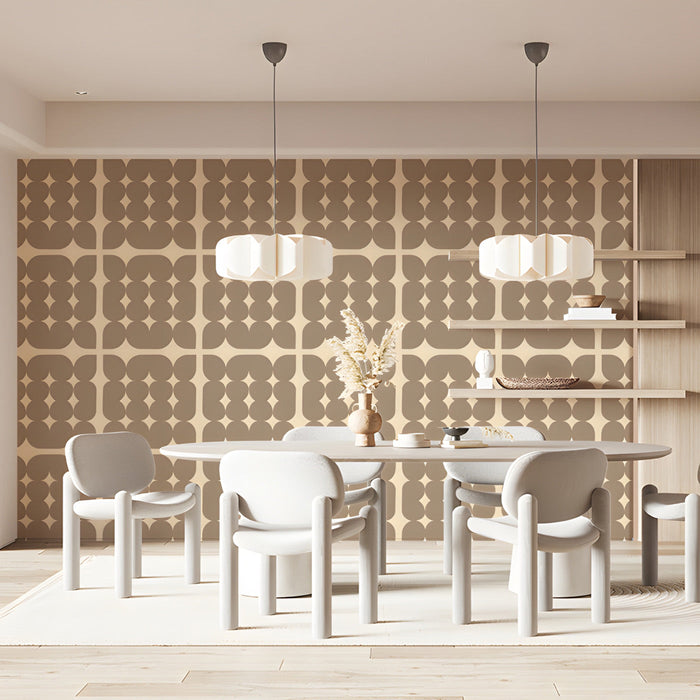 Meeting room wall featuring a neutral geometric petal mural behind a low-profile cream sofa.