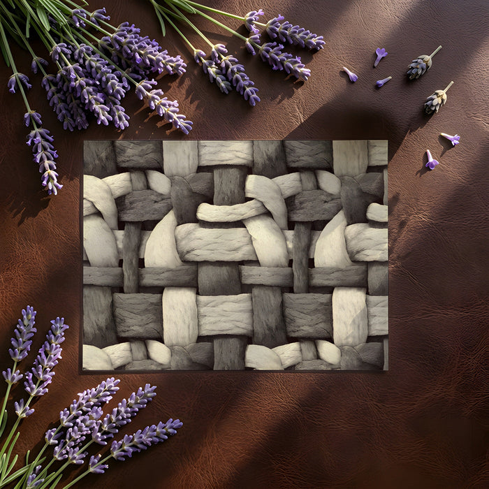 Close up of a bedroom wall featuring a macro woven fiber mural design.