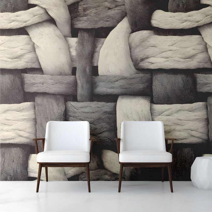 Woven textile mural installed in a neutral minimalist living room with beige sofas.