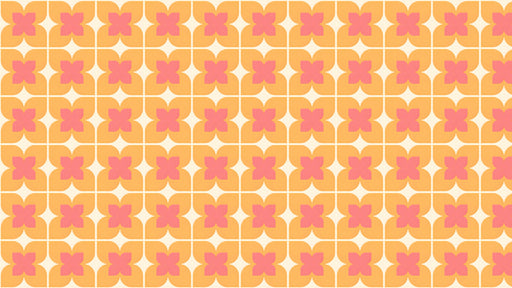Retro floral tile wallpaper pattern in ochre yellow, coral, and cream colors
