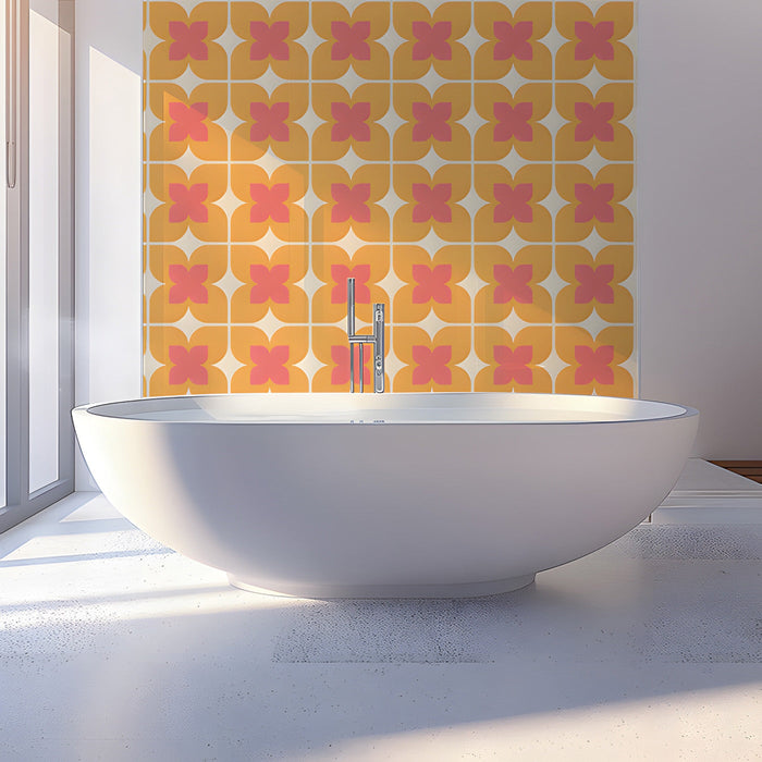 Modern bathroom decorated with bright retro floral wallpaper mural