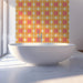 Modern bathroom decorated with bright retro floral wallpaper mural
