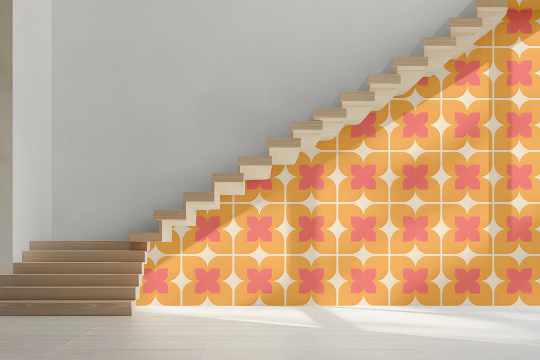 Mid-century modern entryway with retro floral wallpaper on the wall