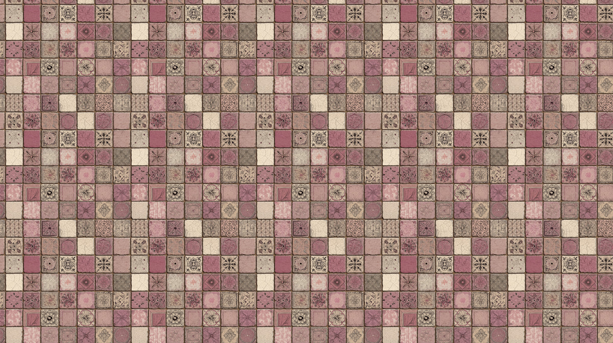 A repeating square mosaic pattern in shades of dusty rose, terracotta, and cream, with intricate vintage line-art motifs.