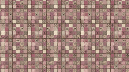 A repeating square mosaic pattern in shades of dusty rose, terracotta, and cream, with intricate vintage line-art motifs.