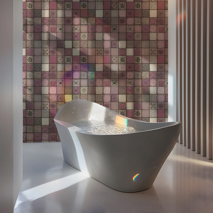 A relaxing bathroom featuring the dusty rose mosaic wallpaper as a textured feature wall behind a vanity.