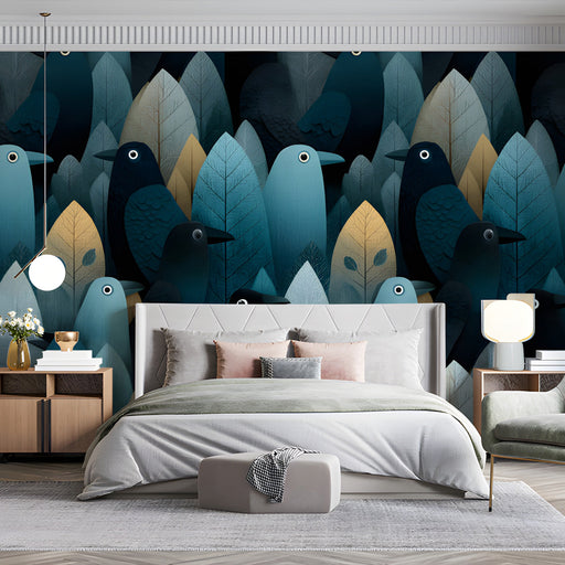 A contemporary bedroom wall decorated with the dark and moody bird illustration wallpaper.