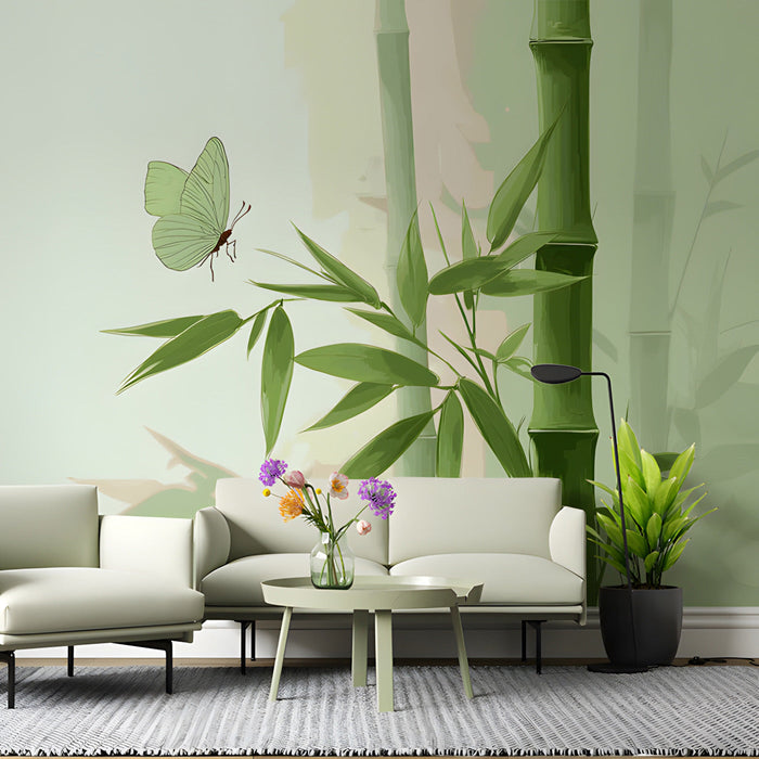 A calming living room interior with a bamboo butterfly mural behind a white wooden bed frame.
