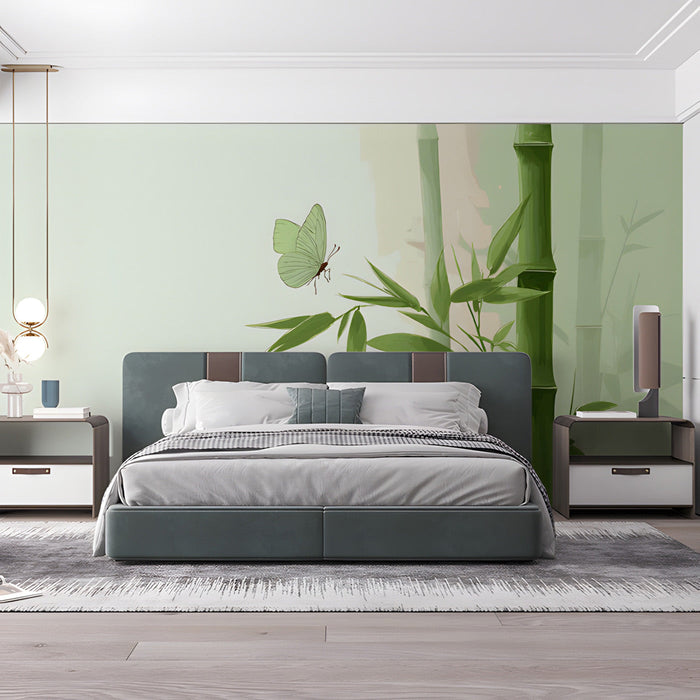 A minimalist bedroom space featuring the bamboo nature mural on a wall with a light wood desk.