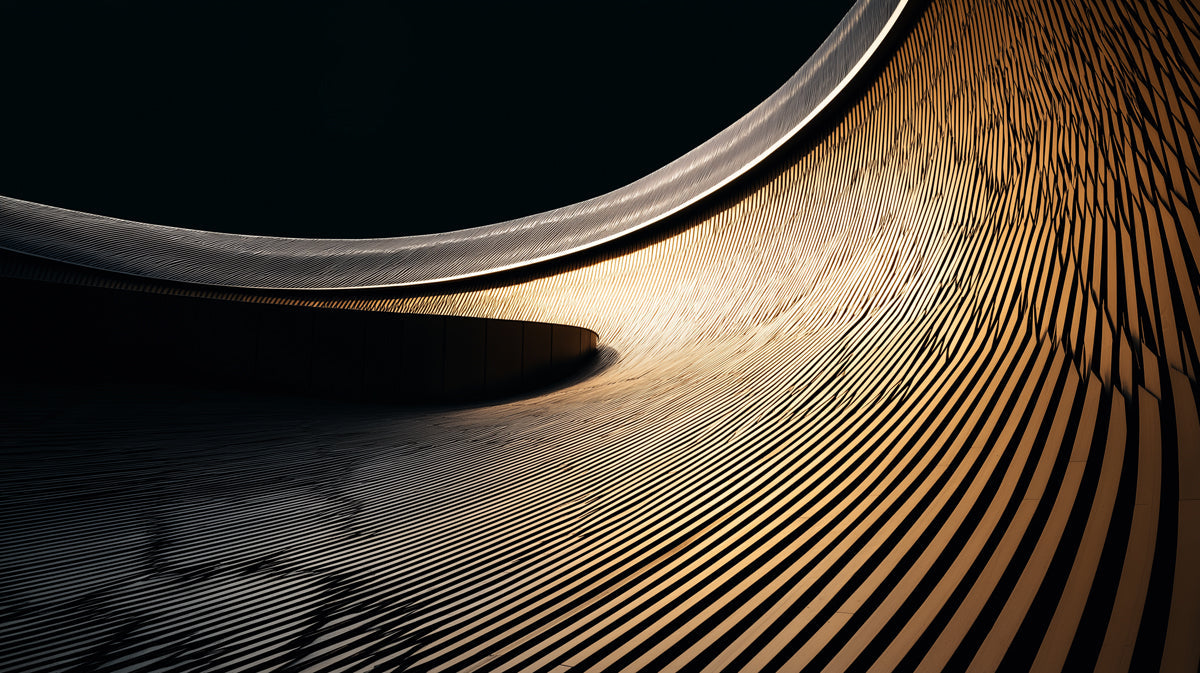 Abstract wallpaper pattern featuring sweeping golden ochre and charcoal black lines in a curved architectural motion