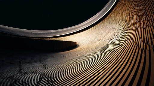 Abstract wallpaper pattern featuring sweeping golden ochre and charcoal black lines in a curved architectural motion