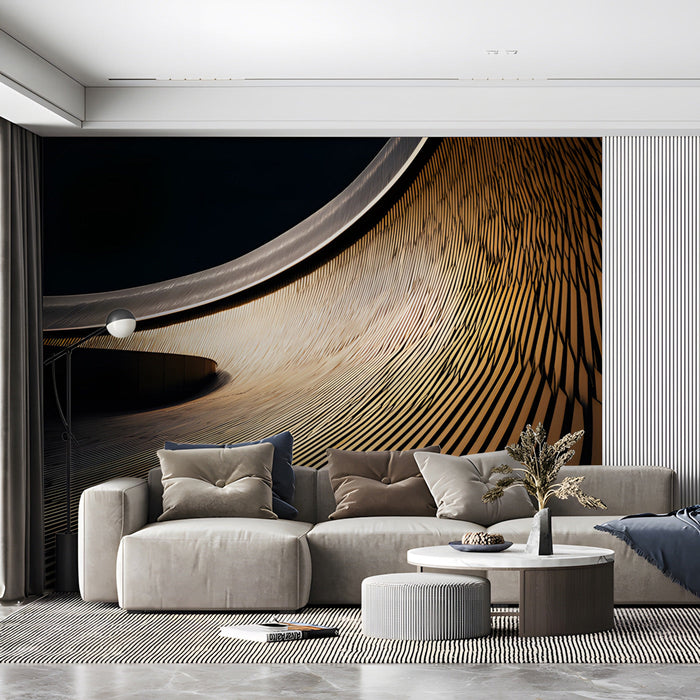 Contemporary commercial lounge area featuring a bold ochre and black abstract wall mural
