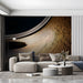 Contemporary commercial lounge area featuring a bold ochre and black abstract wall mural