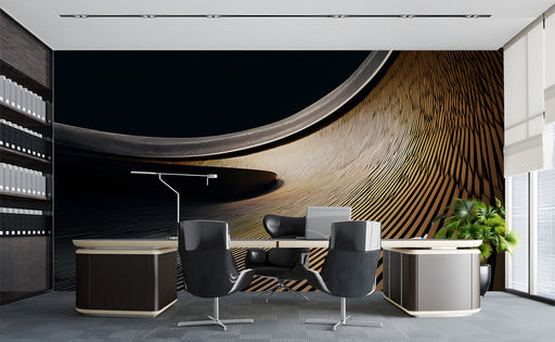 Modern office with a feature wall showing golden curved abstract lines