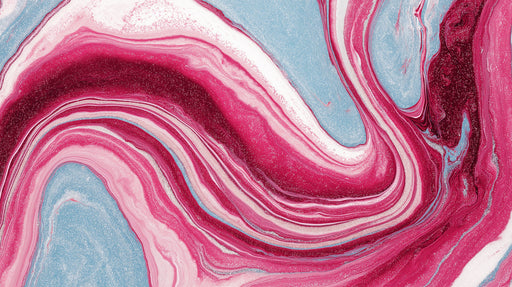 Abstract marble wallpaper with sweeping waves of crimson, magenta, white, and sky blue pigment swirls.